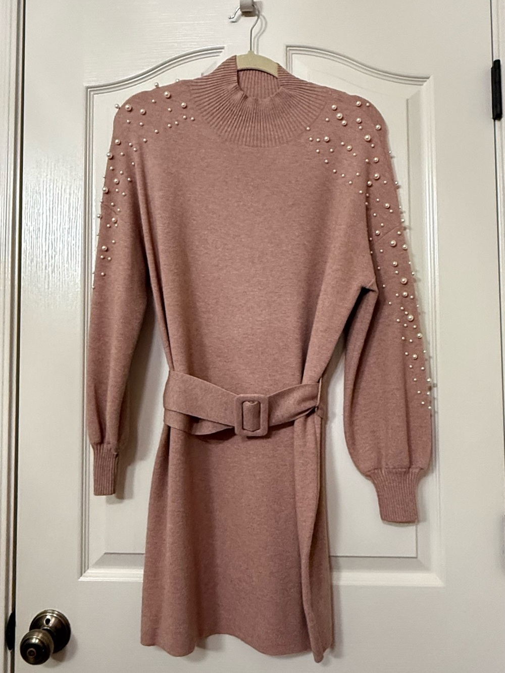 Fate Rose-Pink Pearl-Embellished Knit Belted Long Sleeve Dress